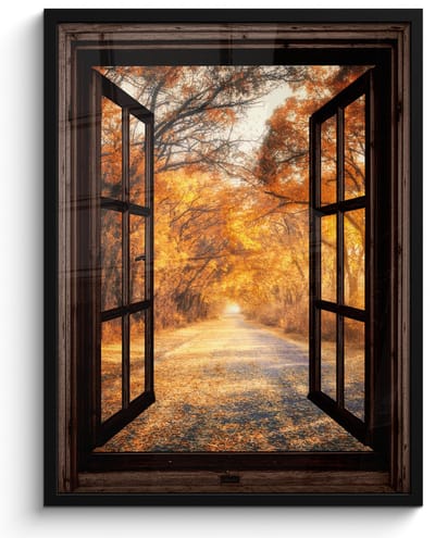 Poster in lijst - Fotolijst 50x70 cm - Posters - Bos - Herfst - Bomen - Bospad - Natuur - Doorkijk - Posterlijst zwart - Decoratie - Wanddecoratie woonkamer - Muurdecoratie slaapkamer