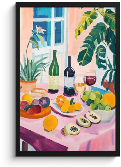 Poster in lijst - Fotolijst 40x60 cm - Posters - Tafel - Wijn - Fruit - Posterlijst zwart - Decoratie - Wanddecoratie woonkamer - Muurdecoratie slaapkamer