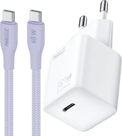 65w usb C adapter - Snellader - usb C naar usb C - Oplader met kabel - GaN charger - voor telefoon, tablet en laptop - 1 meter - paars