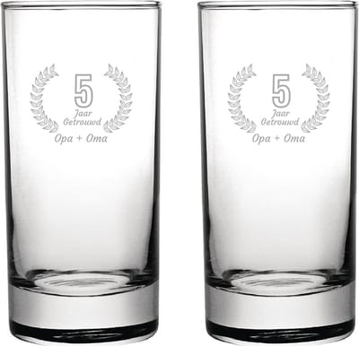 Gegraveerde set Longdrinkglazen 28,5cl Opa + Oma 5 jaar getrouwd