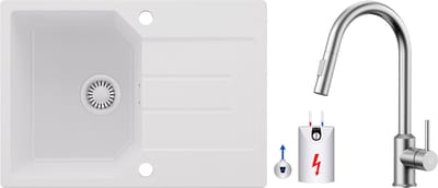 Anycee MAX Granieten Spoelbak 65x45CM - Spoelbakken Keuken Wit - Wasbak Keuken Met Lagedruk Keukenkraan- Spoelbak Met Planchet en Afdruiprek - Spoelbakken Incl. Sifon en Afvoerzeefje