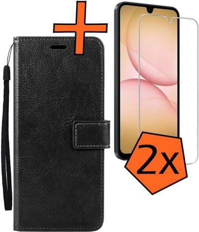 Hoes - Met 2x Screenprotector - Geschikt voor Samsung Galaxy A17 - Luxe Pasjeshouder - Bookcase Portemonee - Flip Case - Kunstleer Book Case - Flipcase Hoes - Book Cover - Walletcase - PortemonneeHoes - Zwart