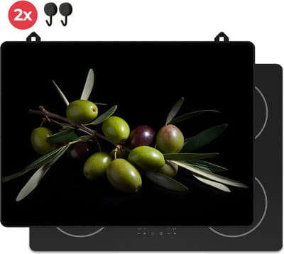 KitchyMist Inductie Beschermer 71x52 cm - Groene Olijven - Kookplaat Beschermer - Afdekplaat voor Kookplaat - Inductie Mat - Spatscherm Achterwand Keuken