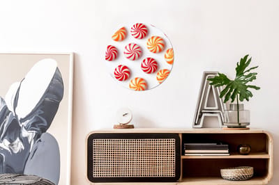 WallCircle - Wandcirkel - Muurcirkel - Snoep - Patroon - Rood - Oranje - Aluminium - Dibond - 30x30 cm - Binnen en Buiten
