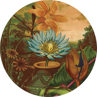 NIN-NIT - Meadow Dawn Wall-art - Wandcirkel - muurcirkel Ø60 cm - dibond - aluminium - botanisch - bohemian - eclectisch - lotusbloem - natuurprint - multicolor - bruin - blauw - groen - oranje
