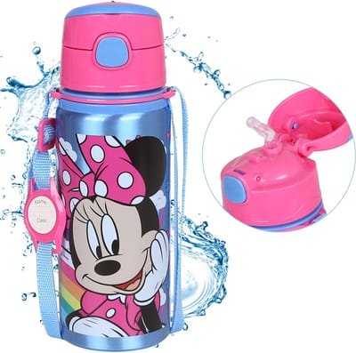 DISNEY Minnie Mouse Aluminium THERMISCHE FLES, mondstuk, WATERFLES met schouderband, voor meisjes 600ml