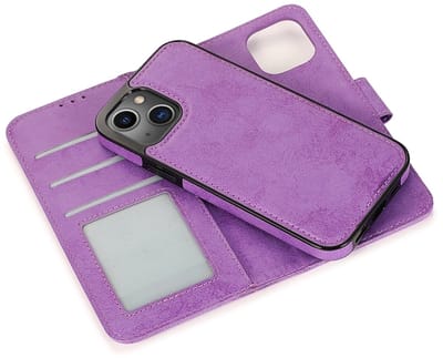 geschikt voor iPhone 14 Plus 2-in-1 Hoesje met Magnetische Backcover - Telefoonhoesje met vakjes voor pasjes - Inclusief polsbandje - Mobiq Magnetische 2-in-1 Wallet Case geschikt voor iPhone 14 Plus paars