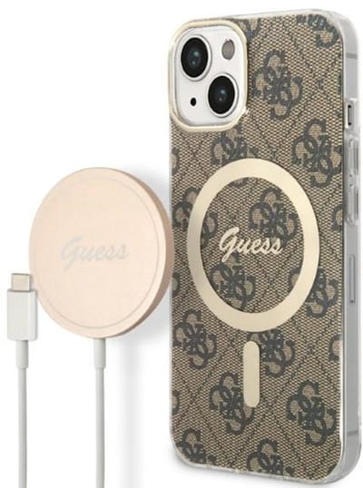 Guess iPhone 14 Plus - MagSafe Telefoonhoesje - Bruin - Stijlvol - Draadloos Opladen