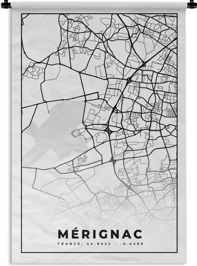 Wandkleed - Wanddoek - Mérignac - Frankrijk - Plattegrond - Stadskaart - Kaart - Zwart wit - 120x180 cm - Wandtapijt