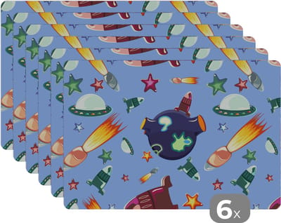 Placemat - Placemats kunststof - Ruimte - Regenboog - Ufo - Raket - Design - 45x30 cm - 6 stuks - Hittebestendig - Anti-Slip - Onderlegger - Afneembaar