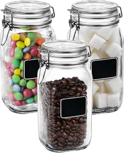 6x Weckpotten/inmaakpotten met krijtplaatje en beugelsluiting 1,5 L - Inmaakpotten - Weckpotten - D 10,6 cm