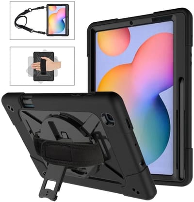 Hoes Geschikt voor Samsung Galaxy Tab S6 Lite - Back Cover met Handriem - 360° Draaibare Kickstand Standaard - Beschermhoes Zwart