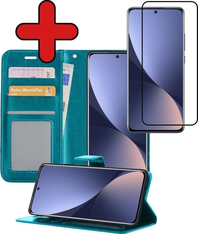 Hoesje - Met Screenprotector - Geschikt voor Xiaomi 12 - Luxe Pasjeshouder - Flipcase - Bookcase Portemonee - Flip Case - Kunstleer Book Case - Book Cover - Walletcase - Portemonneehoes - Telefoonhoes - Turquoise