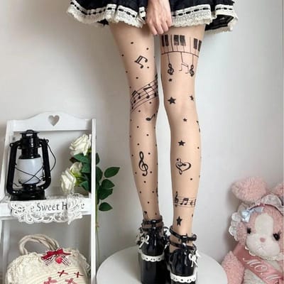 Nieuwe Muzieknoot Print Zwarte Panty's Dames Nachtclub Sexy Mesh Doorzichtig Panty Symbol Lolita Panty's Y2K Zijde Panty's Kousen L gray