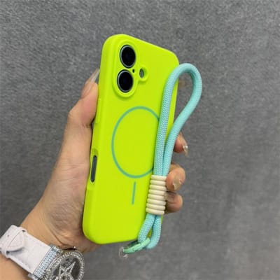 Vloeibaar Siliconen Voor Magsafe Hoesje voor iPhone 17 16 15 14 Plus 13 12 Pro Max Zacht Schokbestendig Magnetisch Lanyard Bandje Cover For iPhone 16 helder groene kleur