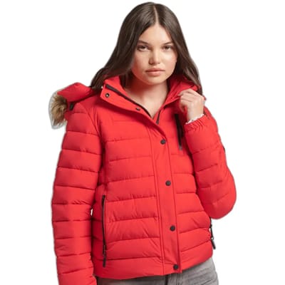 Superdry - Kort pufferjack met capuchon met imitatiebont - Dames - Gewatteerde jassen