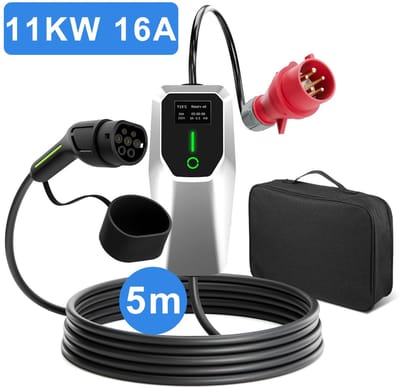 Junsun EV EU Mobiele Thuislader Laadkabel - 11kW 16A 3-Fase - Type 2 Laadpaal - 5M Kabel + LCD Scherm & Opbergtas - 6A/8A/10A/13A/16A Schakelbaar - IEC62196-2 & IP67 - CEE stekker met aarding