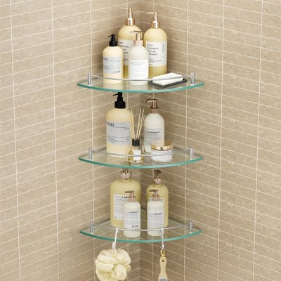 Famanu – Glazen hoekrek voor badkamer, gehard glas met roestvrijstalen rail, muurgemonteerd, 3-pack