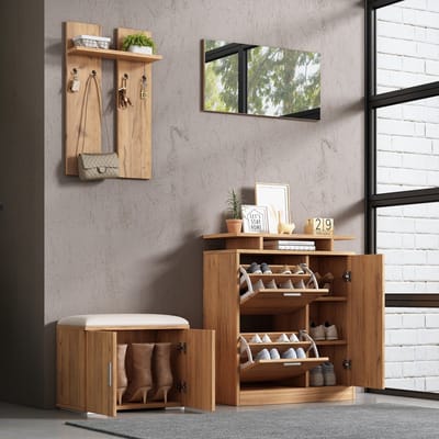 Schoenenkast - 140x35x133 cm - Met Schoenenbank En Kast - Spiegel En 4 Haken - Naturel