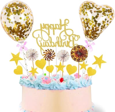 Gold Happy Birthday Cake Topper Set, 17 Pieces Cake Decoration Birthday, Heart Confetti Balloon, Star Topper Cake - ShopVlot
