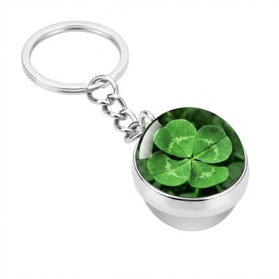 Groen zilverkleurige klavertje vier sleutelhanger met ronde hanger en metalen sleutelring – sleutelhanger voor dames en heren – decoratieve keychain met klassiek vierbladig klaver ontwerp