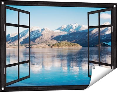 Gards Tuinposter Doorkijk Meer bij het Bergen Landschap in Noorwegen - 90x60 cm - Tuindoek - Tuindecoratie - Wanddecoratie buiten - Tuinschilderij