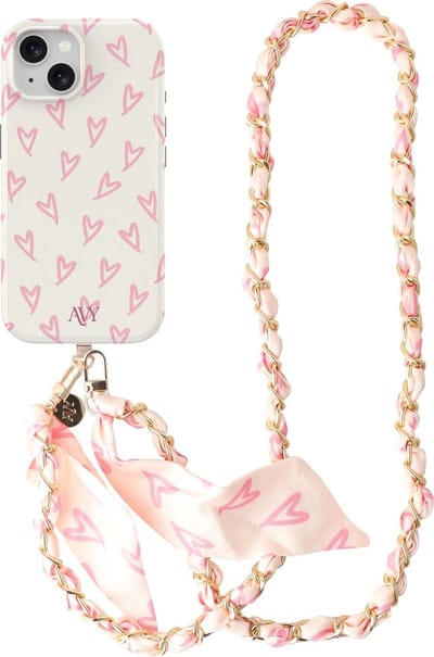AVY Hoesje Met Telefoonkoord | Geschikt voor Apple iPhone 15 | Compatibel met MagSafe & Qi2 | Hard Shell Back Cover | Stijlvol Bijpassend Koord Crossbody (120CM) | Cupid Blush