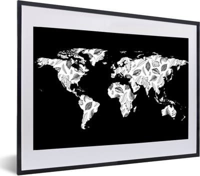 Poster in lijst - Fotolijst 60x40 cm - Posters - Wereldkaart - Bladeren - Zwart - Wit - Posterlijst zwart - Decoratie - Wanddecoratie woonkamer - Muurdecoratie slaapkamer