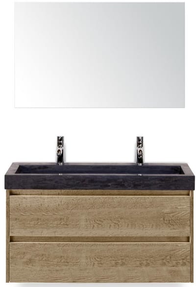 Dante Badmeubelset 100 cm - Natuur Eiken - Wastafel Hardsteen Wit Lucca 2 Kraangaten met Spiegel