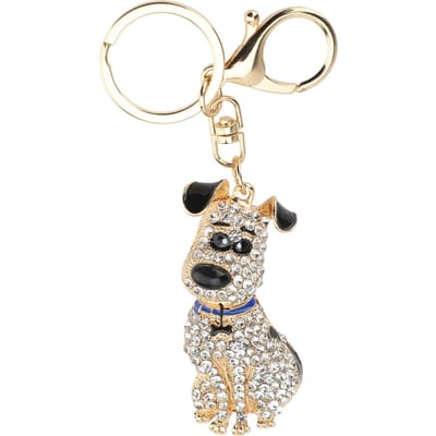 Porte-clés en forme de chien mignon avec strass en cristal Pendentif scintillant pour sac à main pour femmes et filles Blanc beige