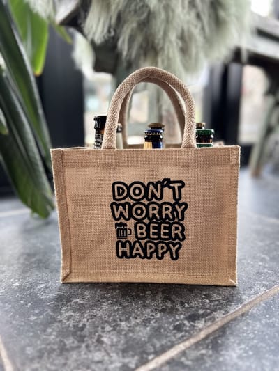 Creaties van hier - Cadeau verpakking Bier - Jute - Don't worry beer happy