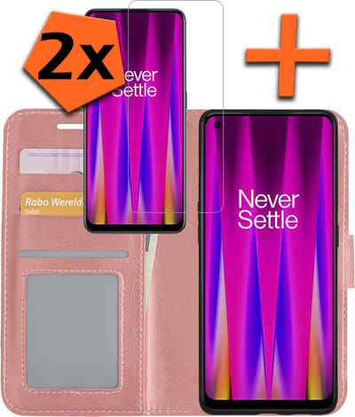 Hoes - Met 2x Screenprotector - Geschikt voor OnePlus Nord CE 2 - Luxe Pasjeshouder - Bookcase Portemonee - Flip Case - Kunstleer Book Case - Flipcase Hoes - Book Cover - Walletcase - PortemonneeHoes - Rosé goud