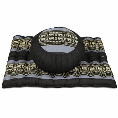 Meditatieset Zafu & Zabuton grijs zwart – hard & stevig kapok – rond meditatiekussen met meditatiemat – ergonomische zithouding – yoga & meditatie