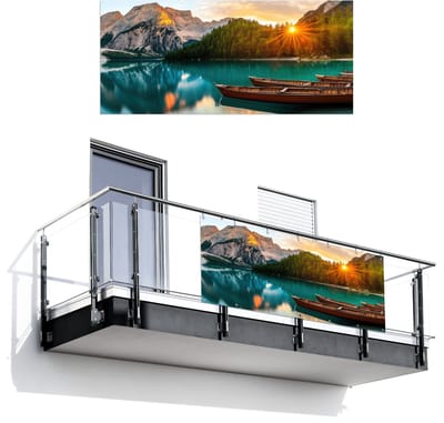 Balkonscherm 200x90 cm - Balkonposter Meer - Bergen - Zonsondergang - Boot - Balkon scherm decoratie - Balkonschermen - Balkondoek zonnescherm