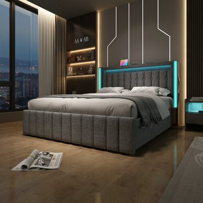 VVBV Gestoffeerd Opbergbed 160x200 cm - Opbergruimte, LED-Verlichting, USB, Lattenbodem - Hout Grijs - Zonder Matras