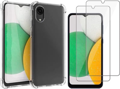 Hoesje geschikt voor Samsung Galaxy A03 Core - Anti Shock Proof Siliconen Back Cover Case Hoes Transparant - 2x Tempered Glass Screenprotector