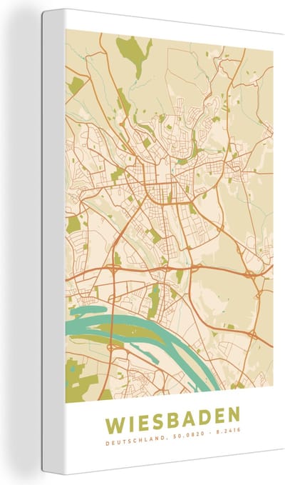 Canvas Schilderij Plattegrond - Wiesbaden - Kaart - Stadskaart - Vintage - 20x30 cm - Wanddecoratie