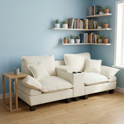 MODFU Modulaire Bank - Opbergruimte En Bekerhouders - Zeilbootgeïnspireerd Ontwerp - Voor Woonkamer - Chenille - Beige - 224 X 82 X 90 Cm