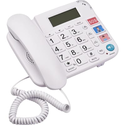 Zwarte vaste telefoon met grote knop Bureau Vaste telefoon Telefoonondersteuning