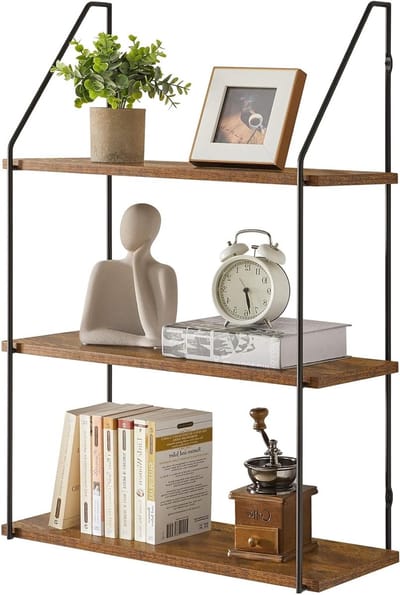 Drijvende Plank met 3 Niveaus, Wandplank van Hout en Metaal, Elegant Design voor Slaapkamer, Keuken en Woonkamer, 60 x 20,5 x 80 cm