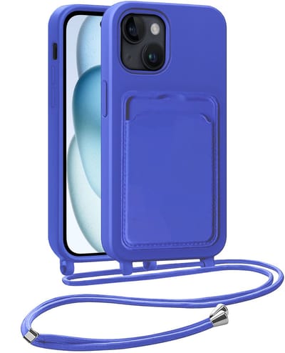 Hoesje Geschikt voor iPhone 15 Plus Hoesje Met Telefoonkoord en Pasjeshouder Siliconen - Hoes Geschikt voor iPhone 15 Plus Hoesje Met Kaarthouder Case - Felblauw