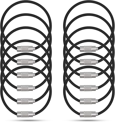 Draad sleutelring kabel van 12 cm - Roestvrijstalen sleutelring voor outdoor, heavy duty, bagagelabel houder, zwart / 6 kleuren, 12/20 stuks