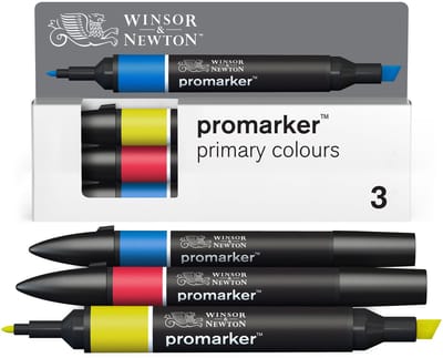 Winsor & Newton 0290190 Promarker Set 3 stuks – Primaire kleuren (Primary Colours) – Alcoholmarkers met dubbele punt