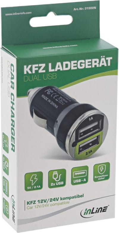 InLine dubbele USB autolader 2,1A