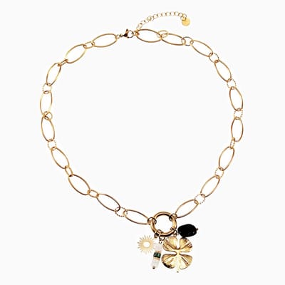 Geluks Ketting Dames - 14K Geelgoud Verguld RVS - Schakelsketting met Hangers Klavertje Vier
