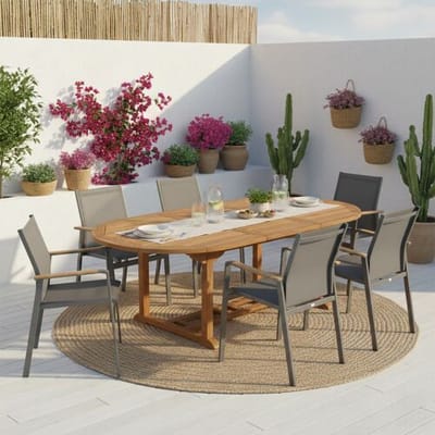 AXI Marzi/Alva 180-240 cm Dining Tuinset 7-delig Teak - Uitschuifbaar – Tuinset 6 Personen – Ovale Houten Tafel 180–240 cm – Moderne Tuinstoelen met Teak Armleuningen – Tuinmeubelen Set voor Terras en Tuin