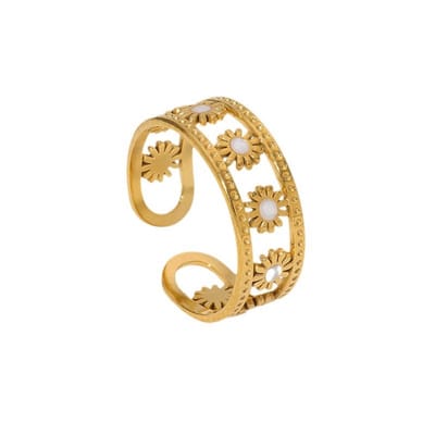 Aramat Jewels | Ringen | Verstelbare RVS Ring met Emaille Bloemen - Goudkleur (7 mm) | | | |15mm | Staal | Volwassenen | Verkleurd niet