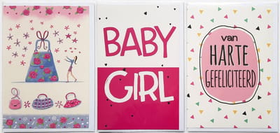 3 Wenskaarten - BABY GIRL + Blanco Kaart Tasje + Van Harte Gefeliciteerd - 12 x 17 cm – GEB-306