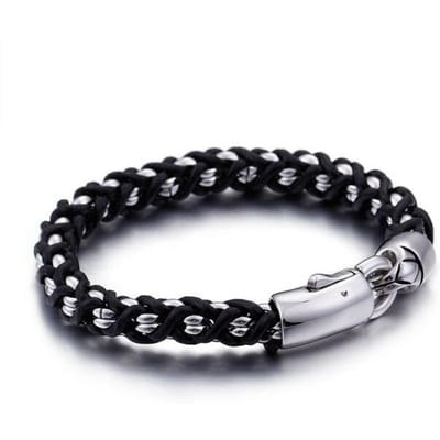 Retro Geometrisch Roestvrij Staal Zwart Lederen Touw Gevlochten Europese Etnische Stijl Individualiteit Armband Voor Mannen 22cm black