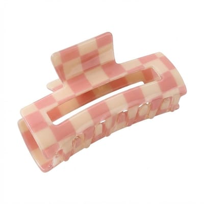 Roze geruite haarclip – haar klem – dames – kunststof haar accessoire met ruit patroon – open rechthoek vorm – stevige grip – decoratief ontwerp